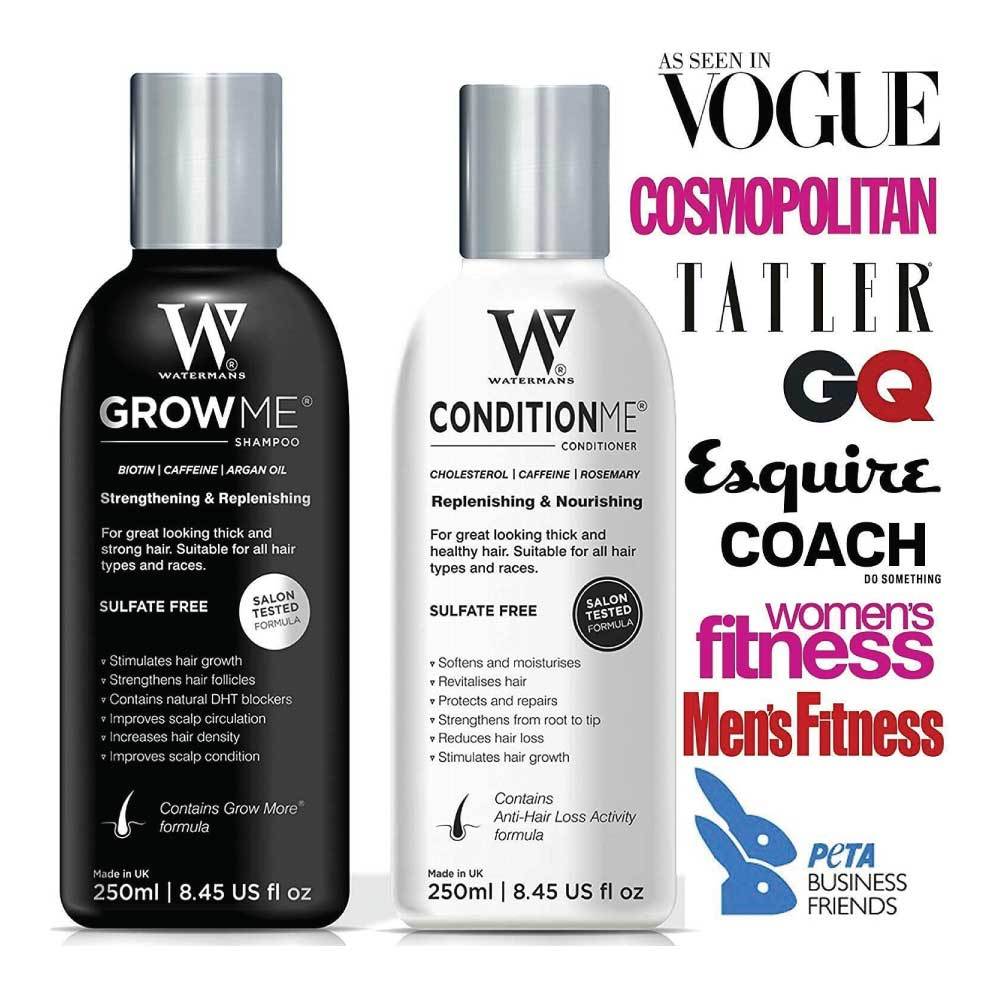 Watermans Grow Me Shampoo Conditioner Elixir Pack featuring shampoo, conditioner, and elixir for hair growth.