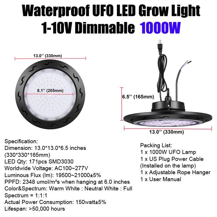 Waterproof UFO LED Grow Light 1000W with full spectrum and dimmable features, ideal for indoor and outdoor plant growth.