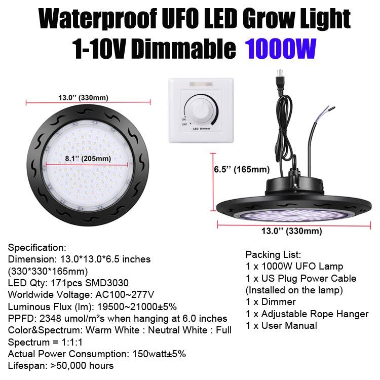 Waterproof UFO LED Grow Light 1000W with full spectrum and dimmable features, ideal for indoor and outdoor plant growth.