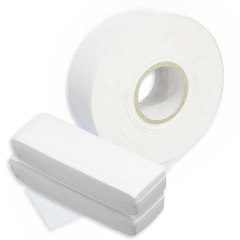 A pack of non-woven disposable wax strips for hair removal, showcasing both pre-cut strips and a roll option, ideal for all body areas.