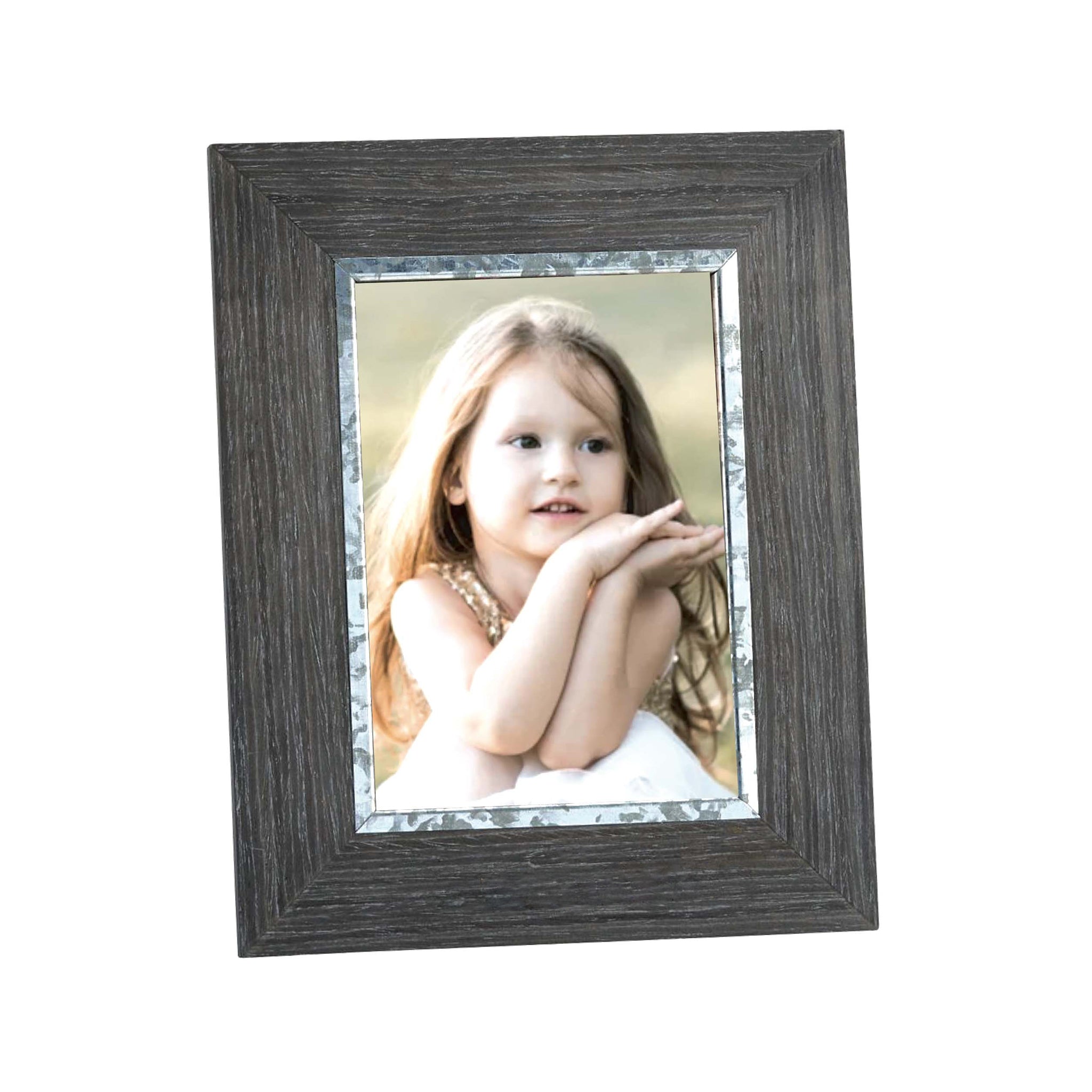 Weathered Grey 5" x 7" wood frame with distressed finish and galvanized steel border, perfect for displaying cherished photos.