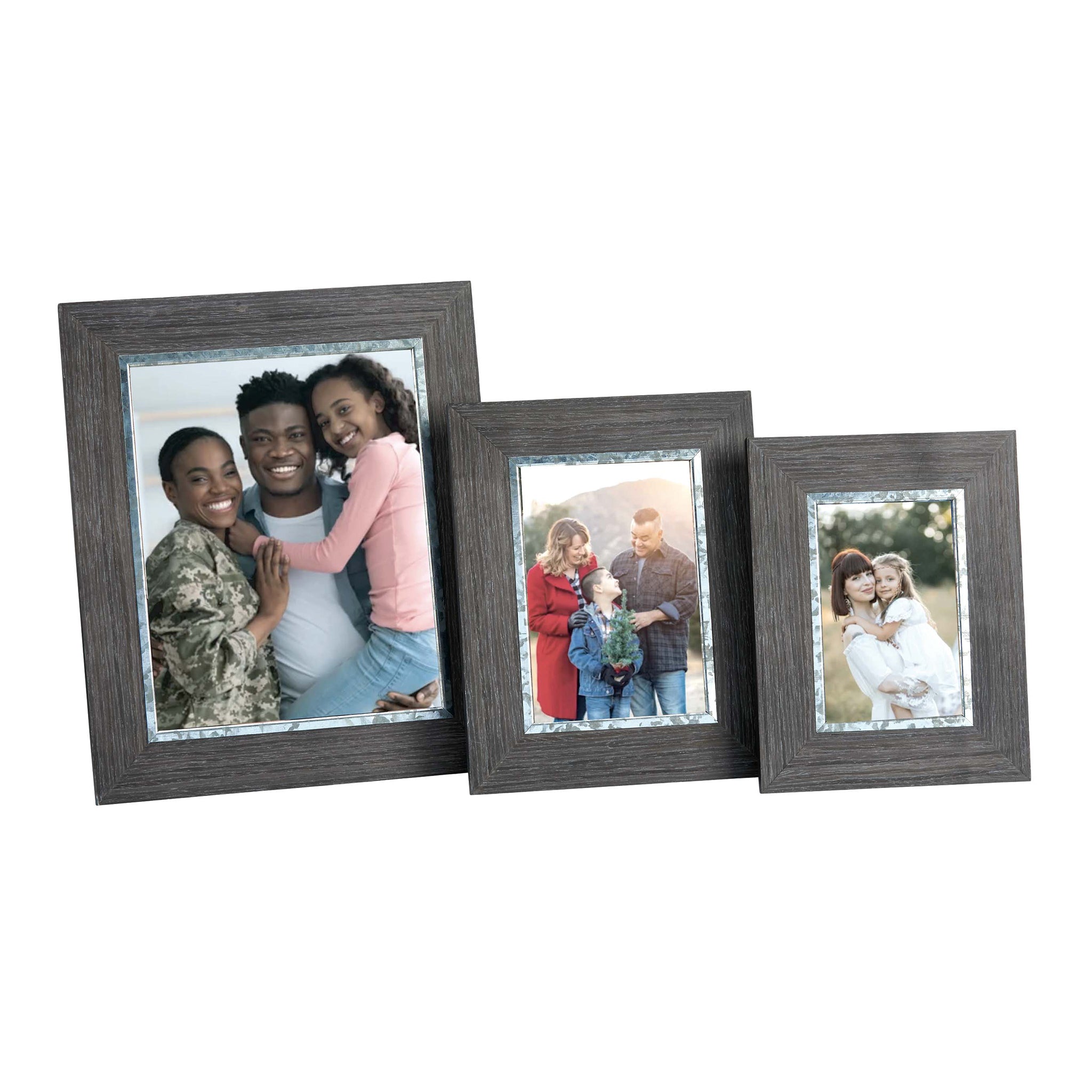 Weathered Grey 5" x 7" wood frame with distressed finish and galvanized steel border, perfect for displaying cherished photos.