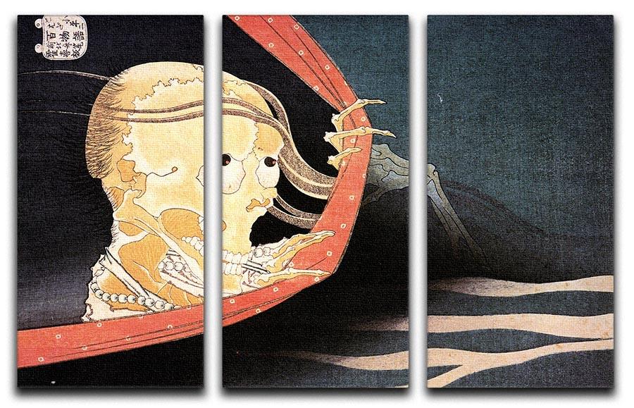 Three-panel canvas print featuring Hokusai's Weird Skeleton artwork, showcasing intricate details and vibrant colors.