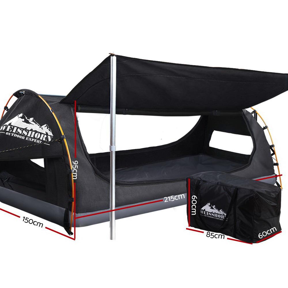 Weisshorn Double Swag Camping Swag, a spacious canvas tent with insect-proof mesh panels and durable aluminum poles, ideal for outdoor camping.