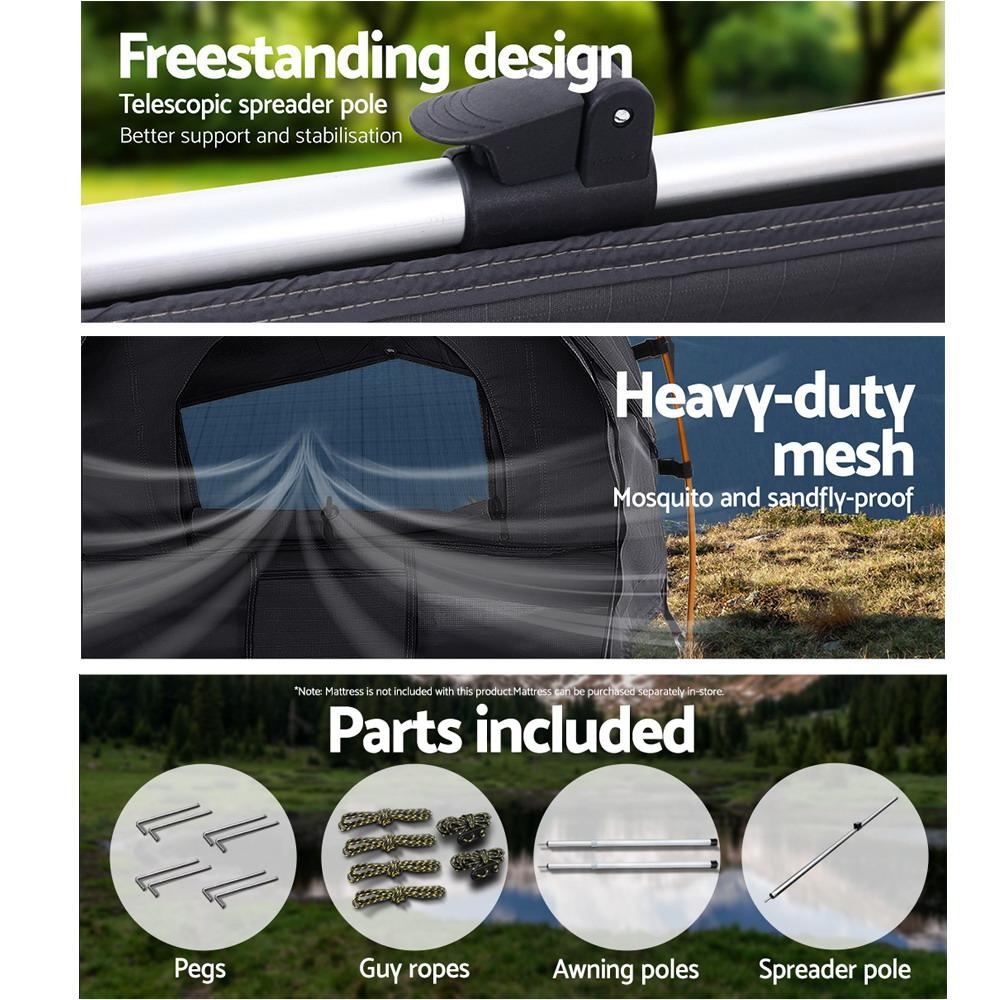 Weisshorn Double Swag Camping Swag, a spacious canvas tent with insect-proof mesh panels and durable aluminum poles, ideal for outdoor camping.