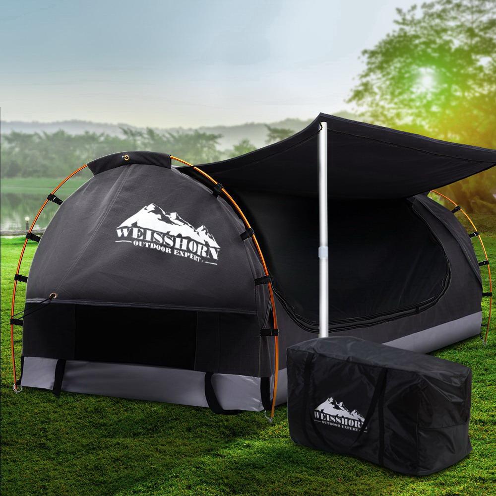 Weisshorn Double Swag Camping Swag, a spacious canvas tent with insect-proof mesh panels and durable aluminum poles, ideal for outdoor camping.