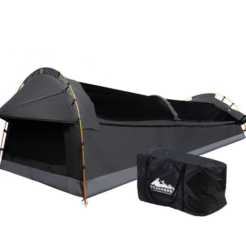 Weisshorn Double Swag Camping Swags Deluxe Canvas Tent in Dark Grey, showcasing its durable ripstop canvas and spacious design.