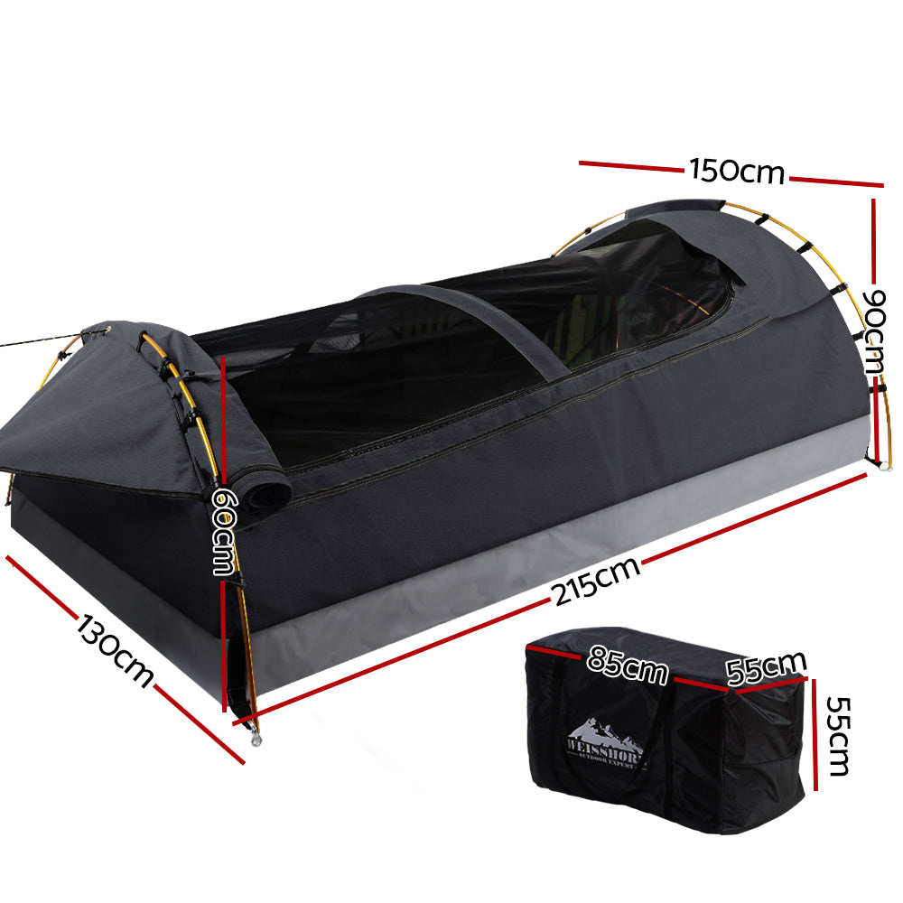 Weisshorn Double Swag Camping Swags Deluxe Canvas Tent in Dark Grey, showcasing its durable ripstop canvas and spacious design.