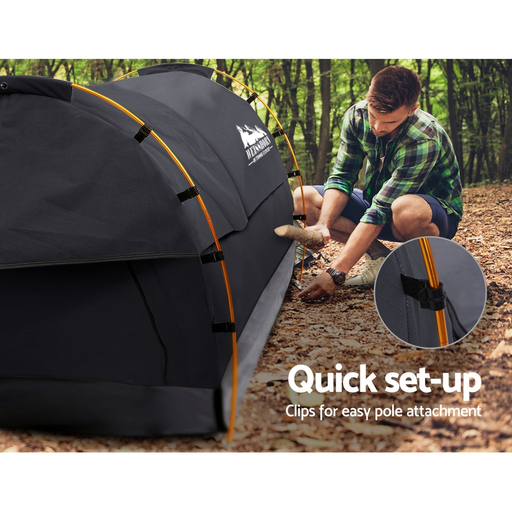 Weisshorn Double Swag Camping Swags Deluxe Canvas Tent in Dark Grey, showcasing its durable ripstop canvas and spacious design.