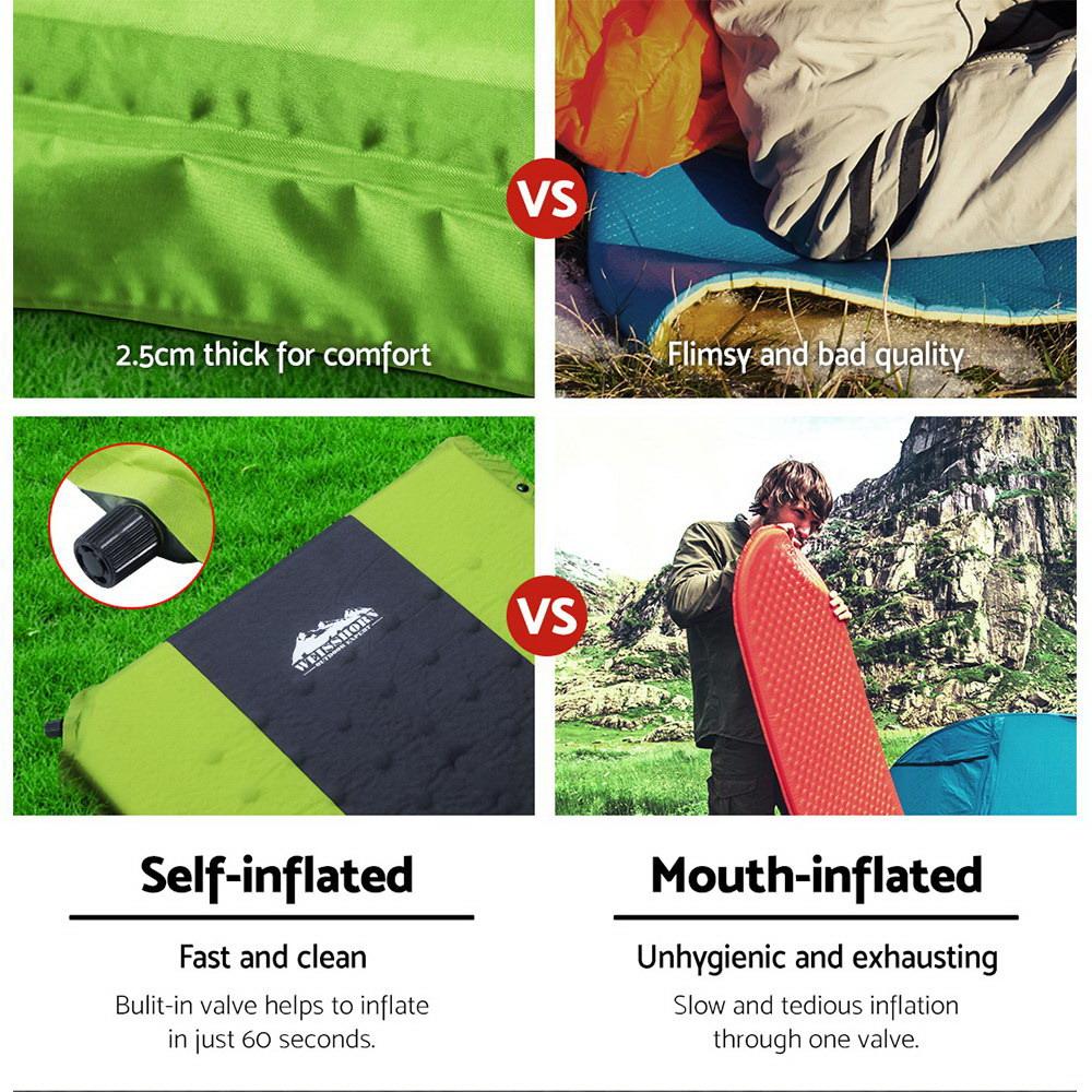 Weisshorn Self Inflating Mattress in green color, showcasing its smooth surface and compact design, ideal for camping.