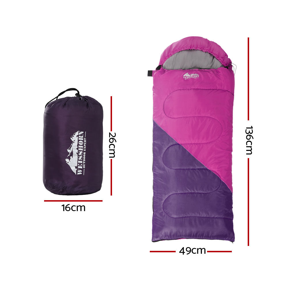Weisshorn Sleeping Bag for kids in pink, designed for camping and hiking, featuring a soft lining and adjustable strap.