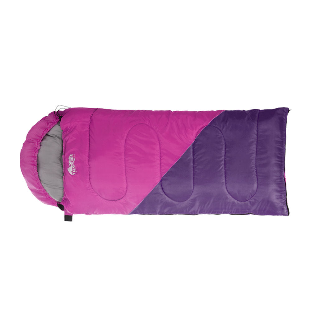 Weisshorn Sleeping Bag for kids in pink, designed for camping and hiking, featuring a soft lining and adjustable strap.