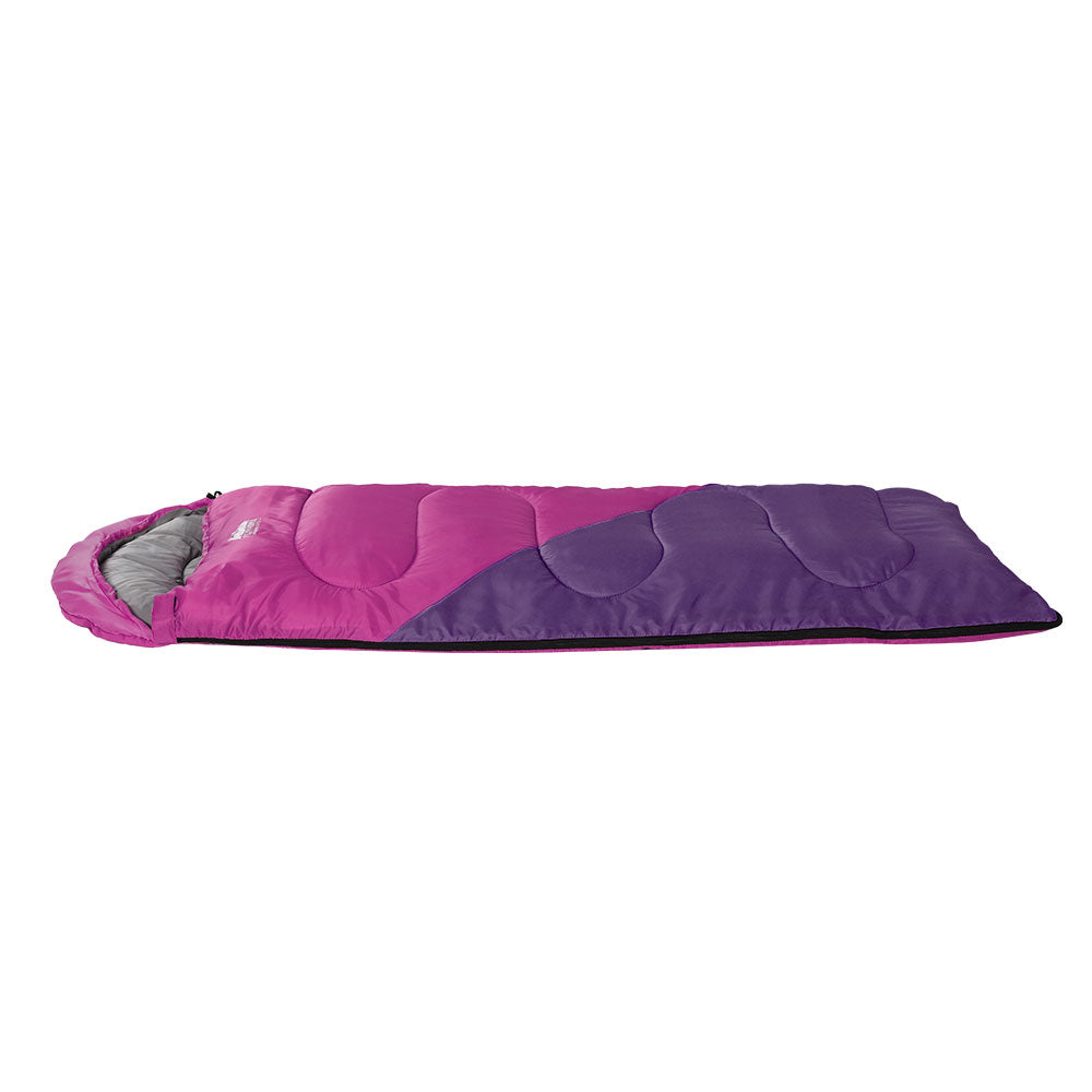 Weisshorn Sleeping Bag for kids in pink, designed for camping and hiking, featuring a soft lining and adjustable strap.