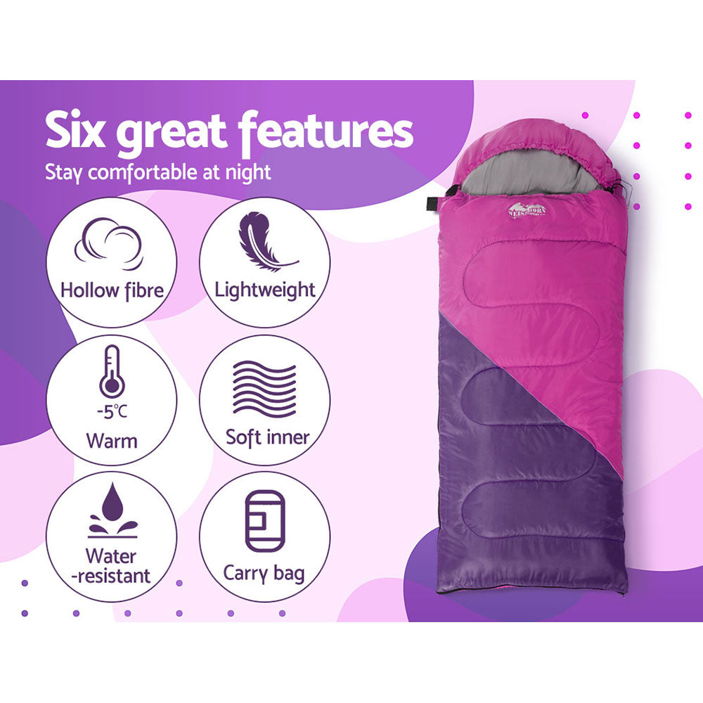 Weisshorn Sleeping Bag for kids in pink, designed for camping and hiking, featuring a soft lining and adjustable strap.