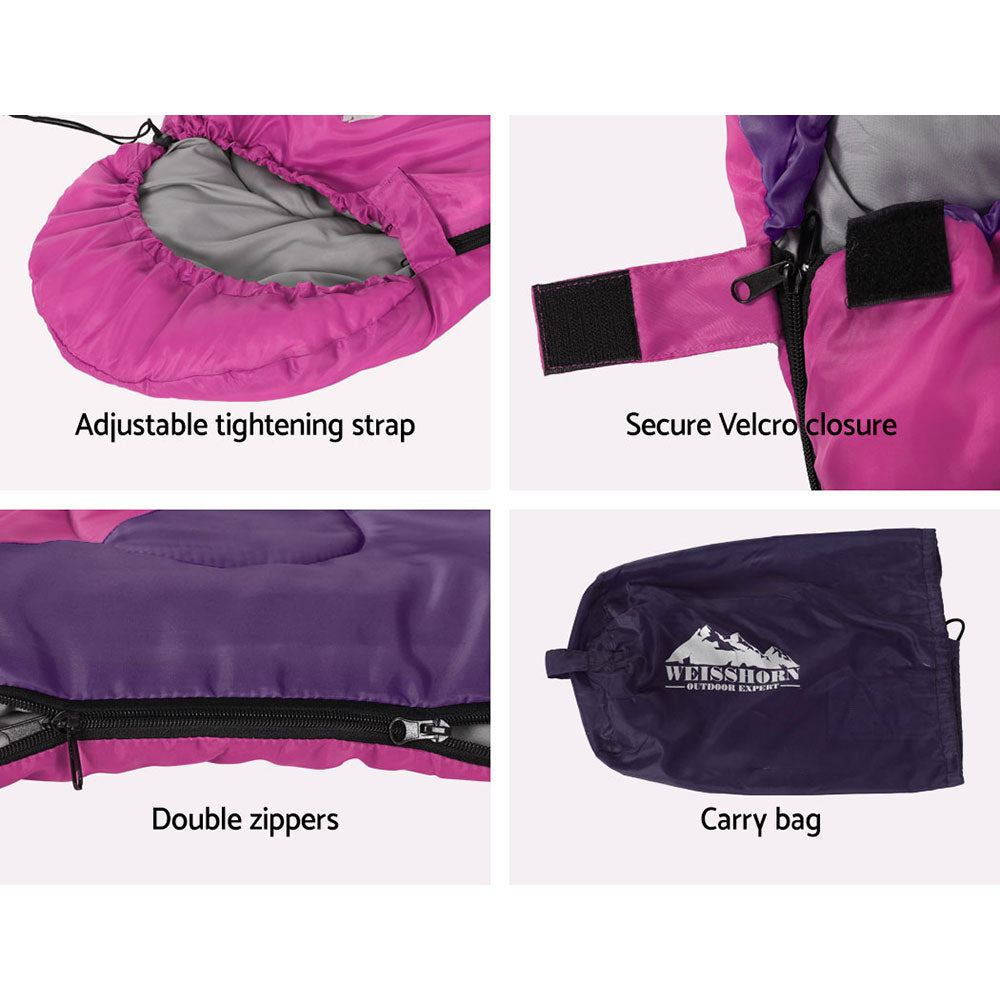 Weisshorn Sleeping Bag for kids in pink, designed for camping and hiking, featuring a soft lining and adjustable strap.