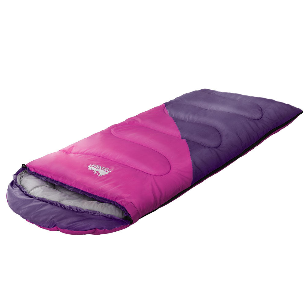 Weisshorn Sleeping Bag for kids in pink, designed for camping and hiking, featuring a colorful design and lightweight, water-resistant material.