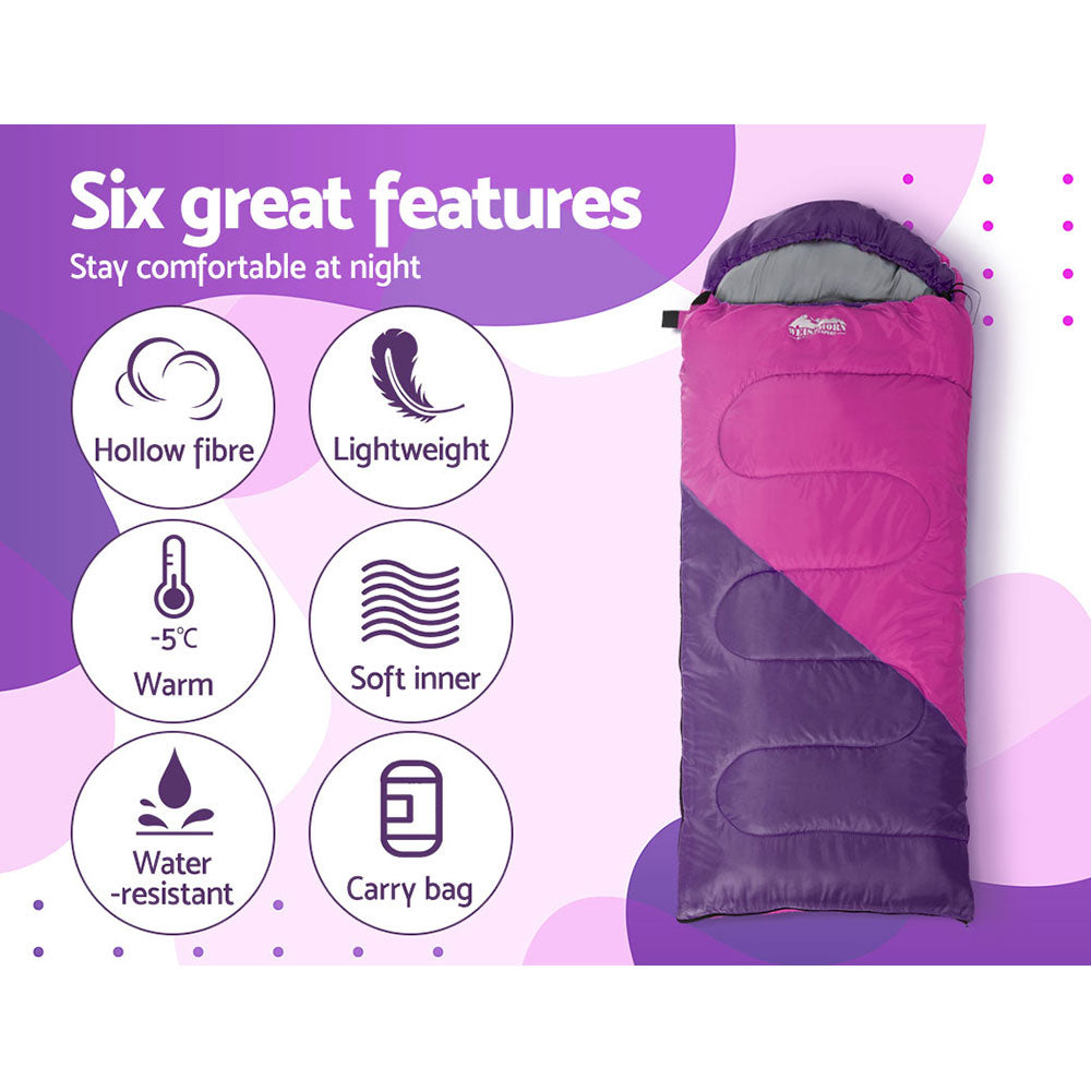 Weisshorn Sleeping Bag for kids in pink, designed for camping and hiking, featuring a colorful design and lightweight, water-resistant material.