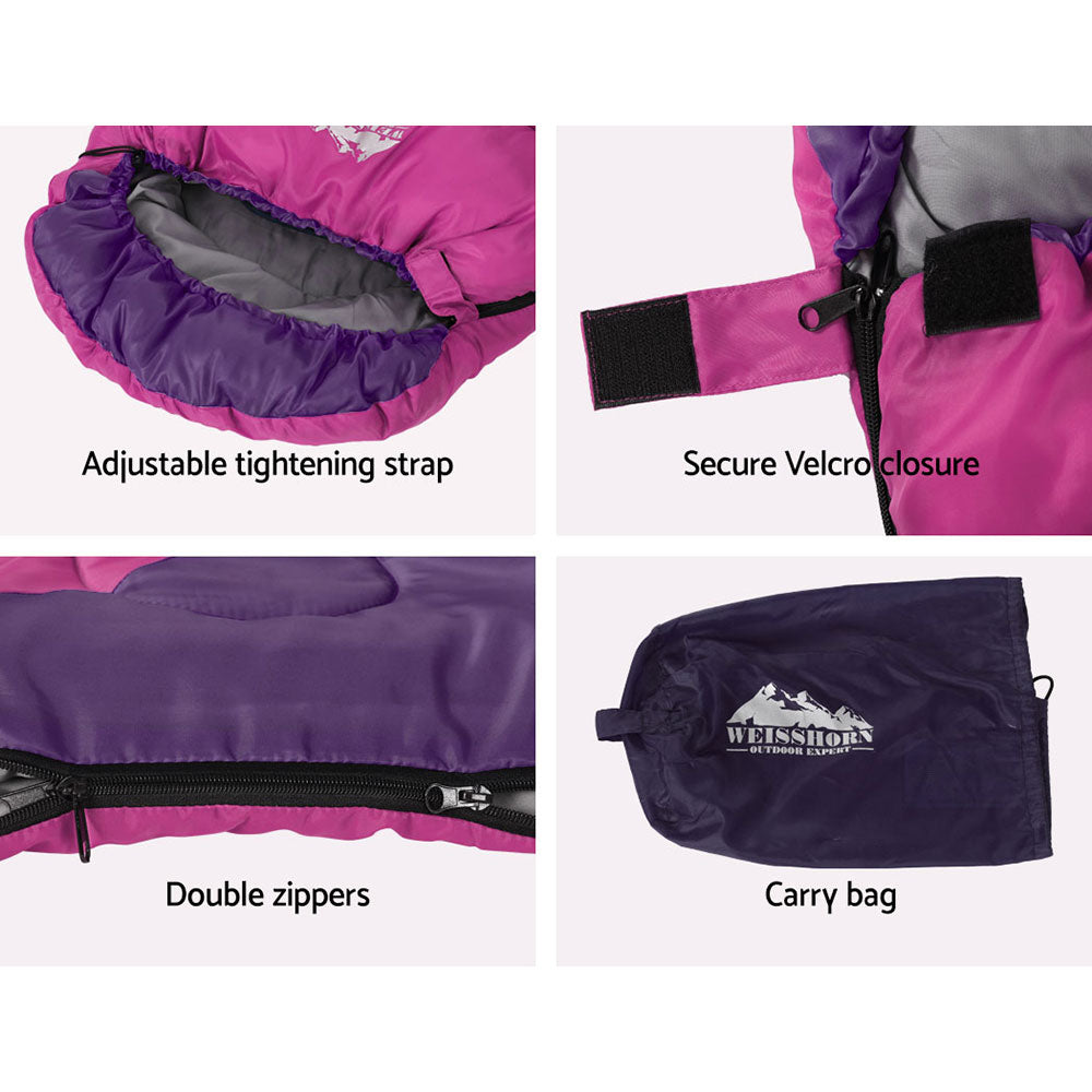 Weisshorn Sleeping Bag for kids in pink, designed for camping and hiking, featuring a colorful design and lightweight, water-resistant material.