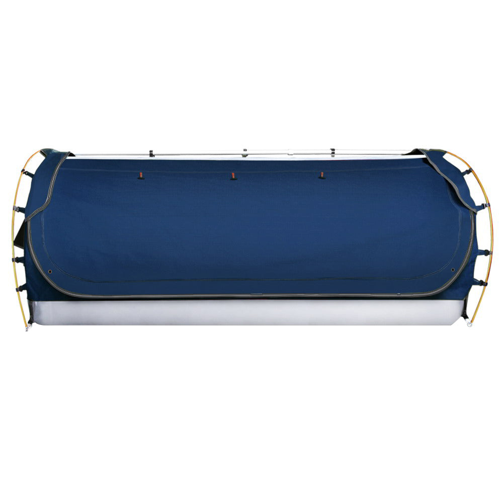 Weisshorn King Single Camping Swag in dark blue, showcasing durable canvas and mesh panels for insect protection.