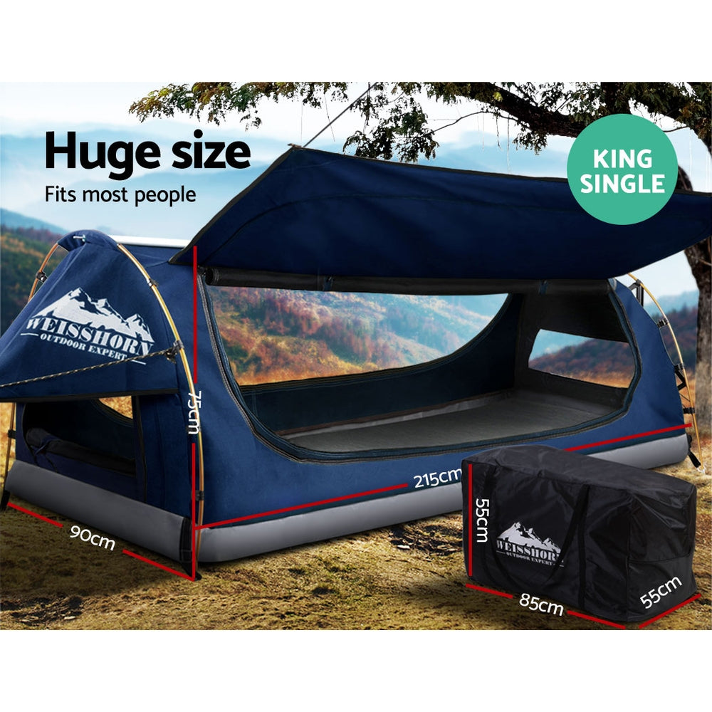 Weisshorn King Single Camping Swag in dark blue, showcasing durable canvas and mesh panels for insect protection.