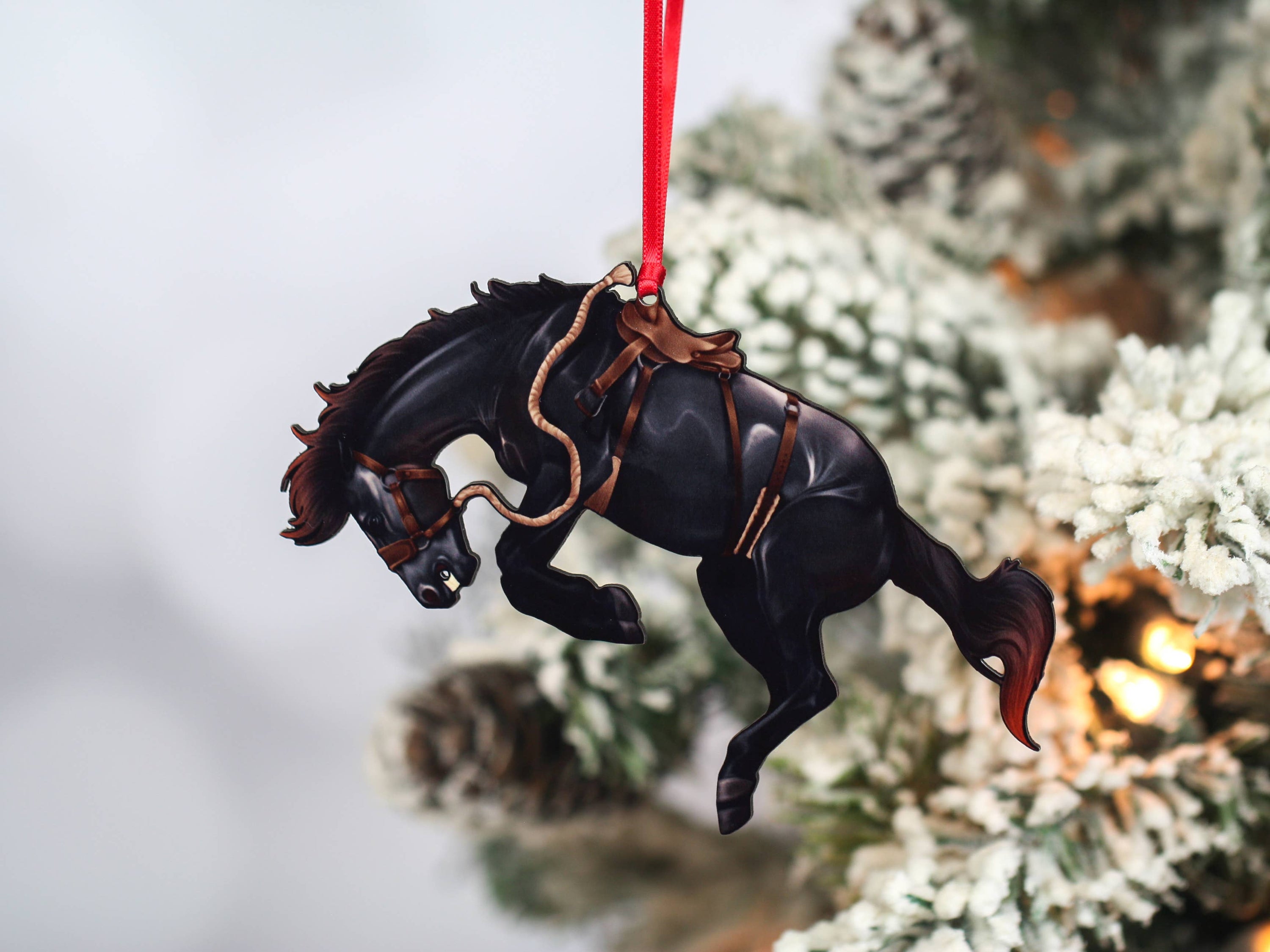 Western Black Rodeo Bucking Horse Bronco Ornament made of composite wood, showcasing intricate laser-cut details and glossy finish.
