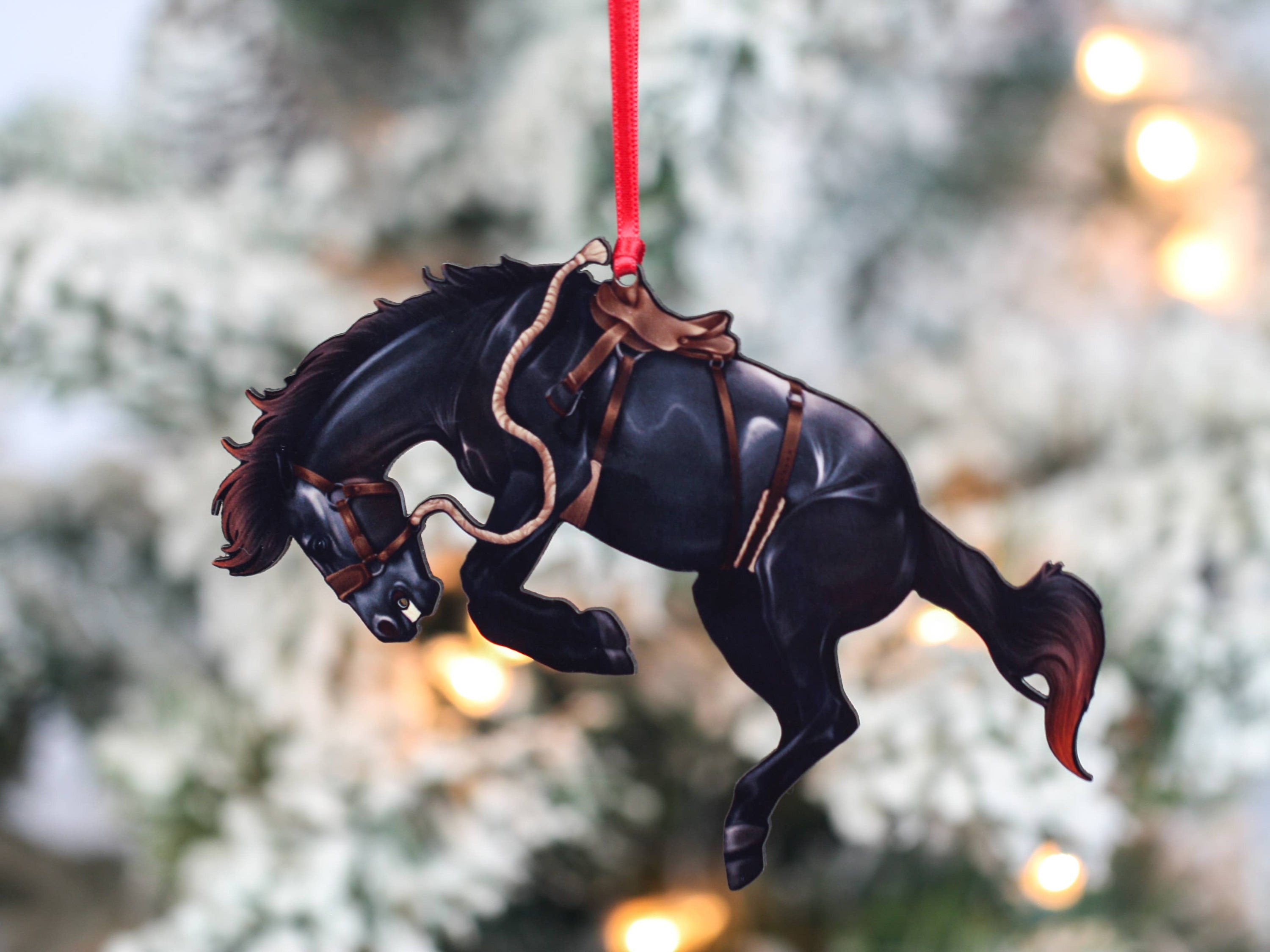 Western Black Rodeo Bucking Horse Bronco Ornament made of composite wood, showcasing intricate laser-cut details and glossy finish.