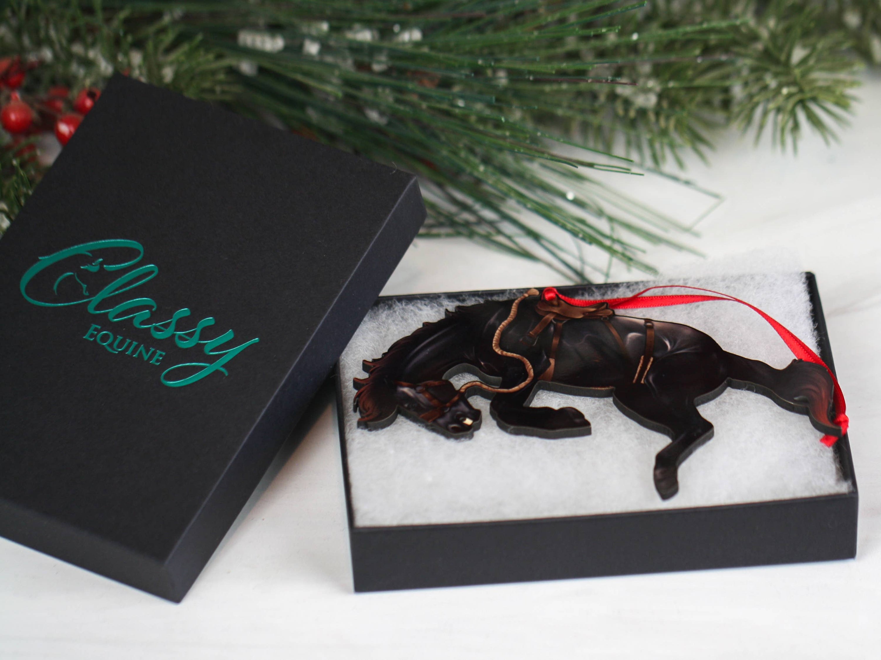 Western Black Rodeo Bucking Horse Bronco Ornament made of composite wood, showcasing intricate laser-cut details and glossy finish.