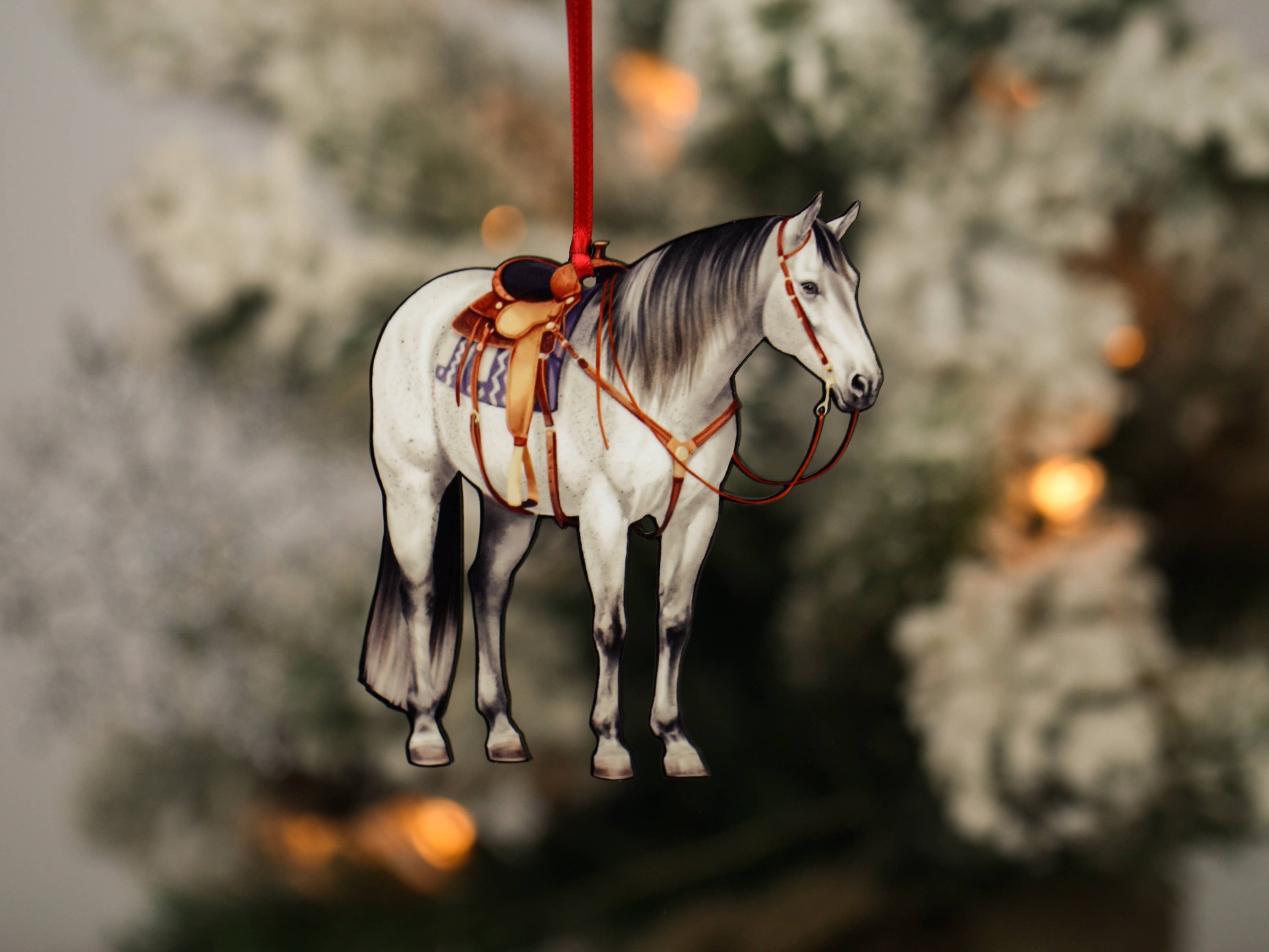 Gray Quarter Horse Christmas Ornament made from composite wood, featuring a glossy front and dark brown back, perfect for holiday decor.