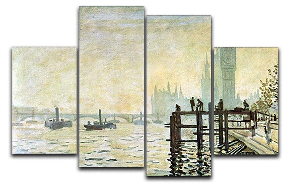 A 4-split canvas artwork featuring Monet's Westminster Bridge in London, showcasing vibrant colors and dynamic brush strokes.
