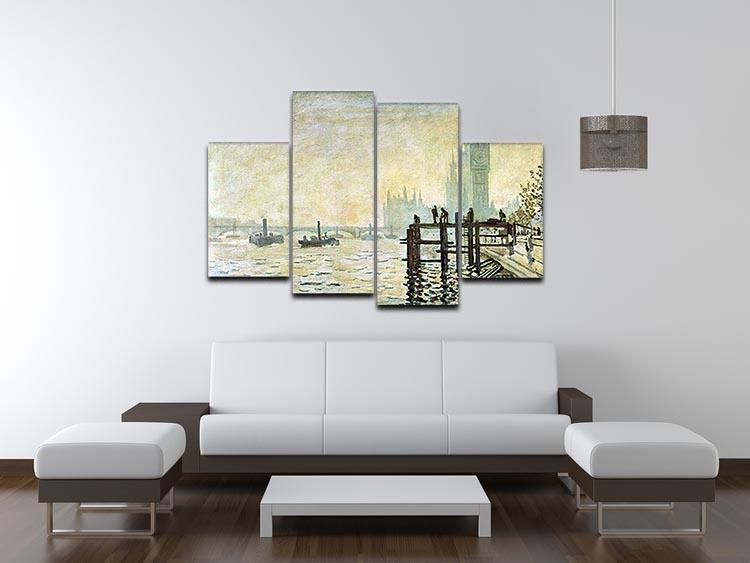 A 4-split canvas artwork featuring Monet's Westminster Bridge in London, showcasing vibrant colors and dynamic brush strokes.