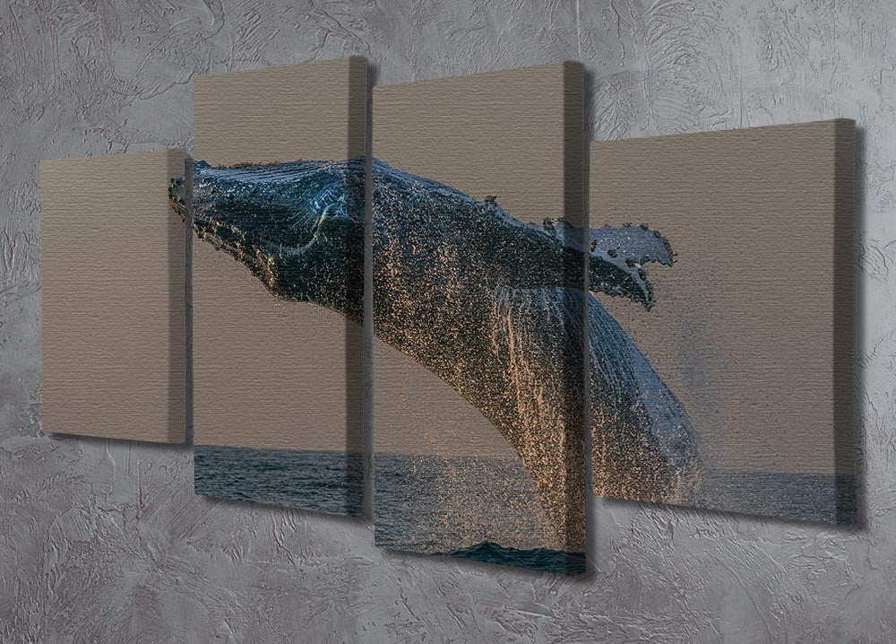 A stunning 4-panel canvas artwork depicting a whale flipping out of the ocean, showcasing vibrant colors and dynamic design.