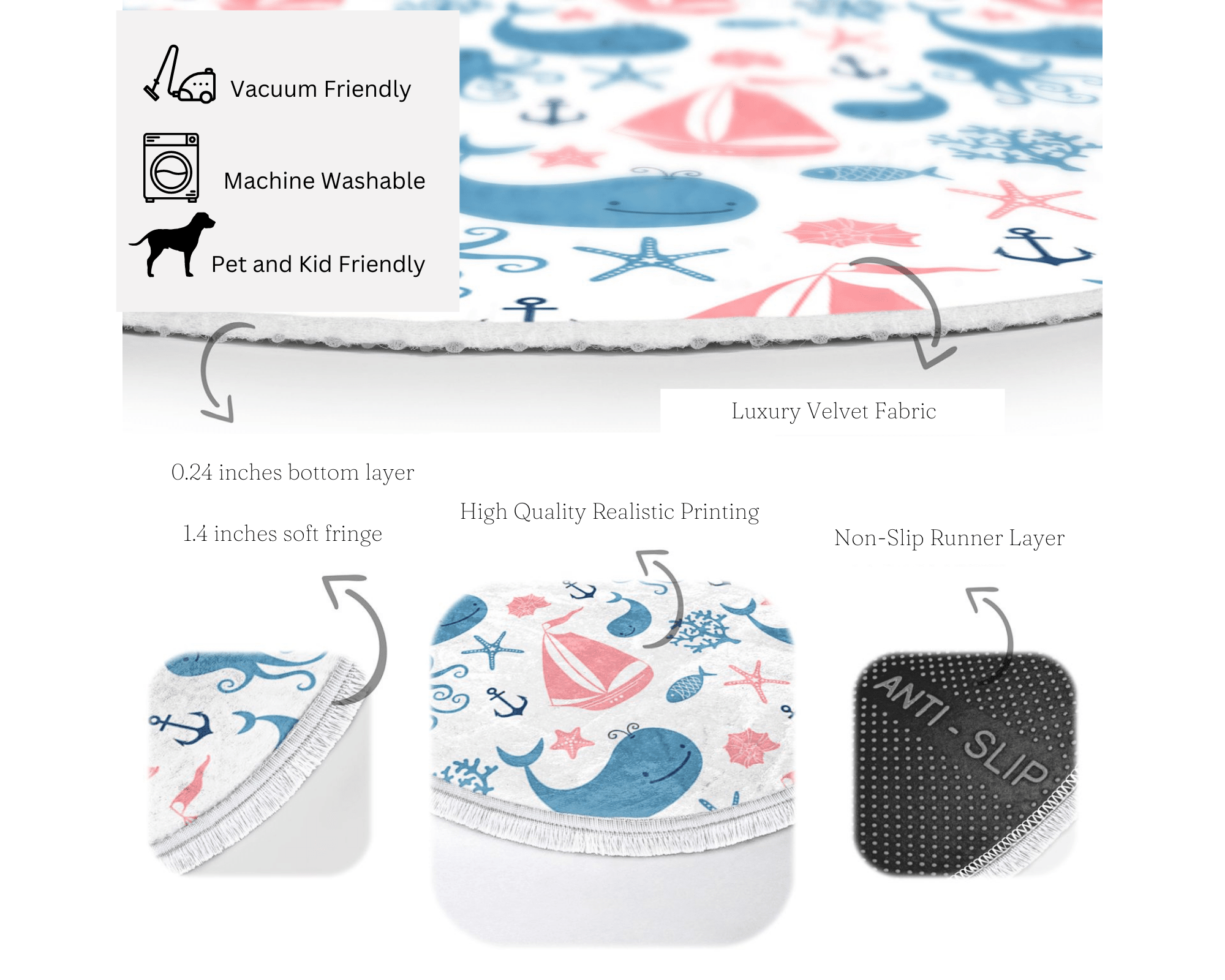 Whale printed round rug designed for nursery rooms, featuring a vibrant marine design and soft velvet fabric.