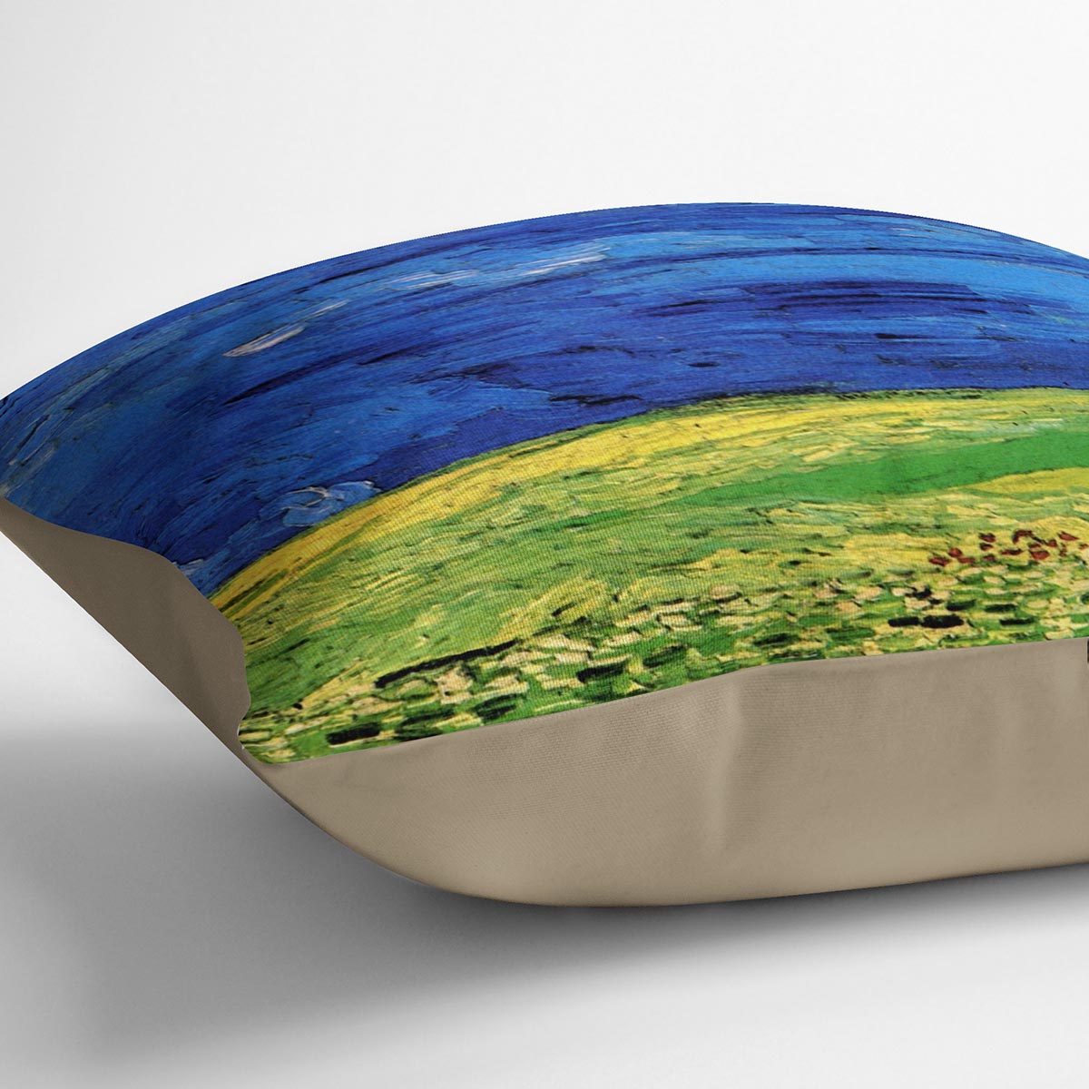 Wheat Field Under Clouded Sky cushion featuring vibrant colors and luxurious vegan faux suede fabric, showcasing Van Gogh's iconic artwork.