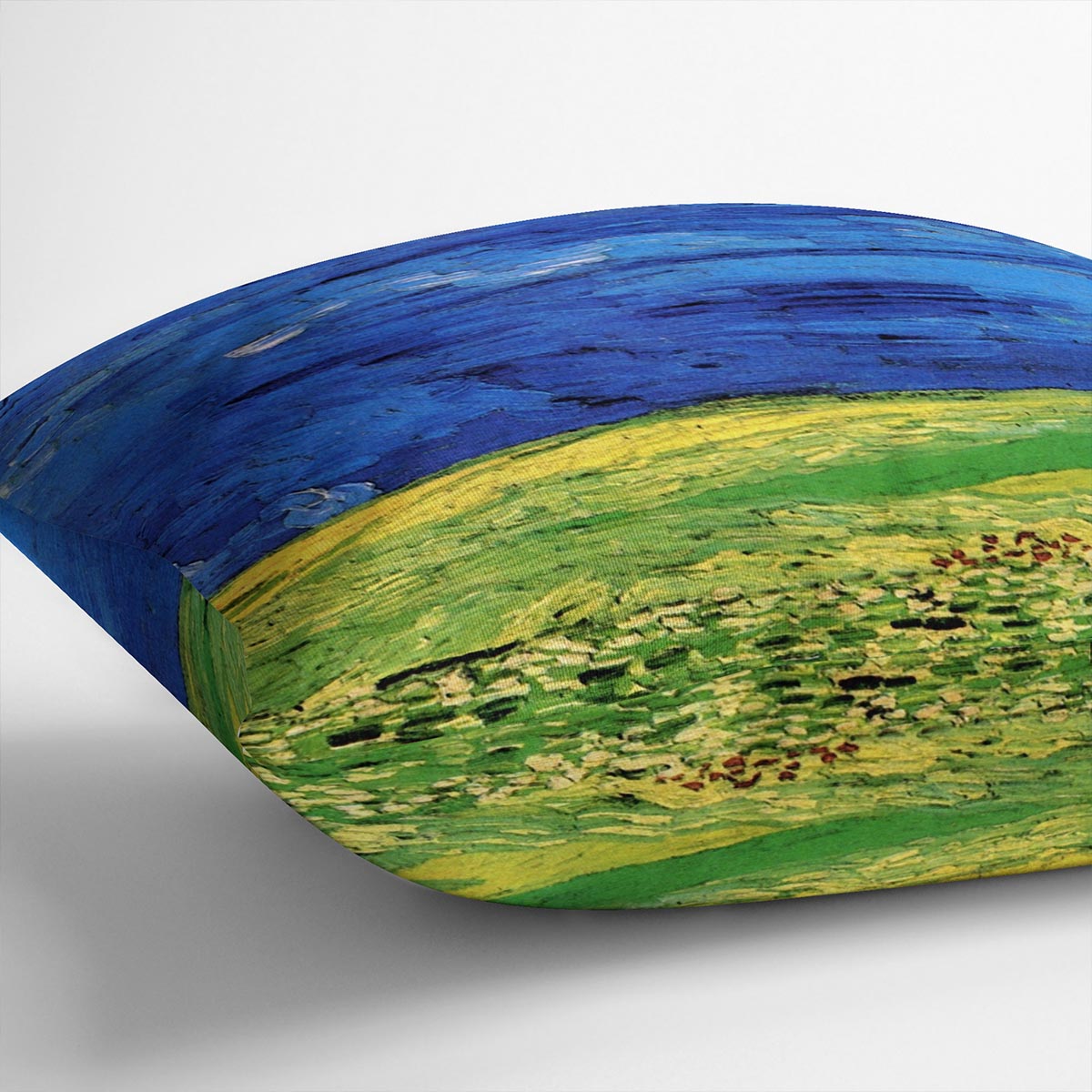 Wheat Field Under Clouded Sky cushion featuring vibrant colors and luxurious vegan faux suede fabric, showcasing Van Gogh's iconic artwork.