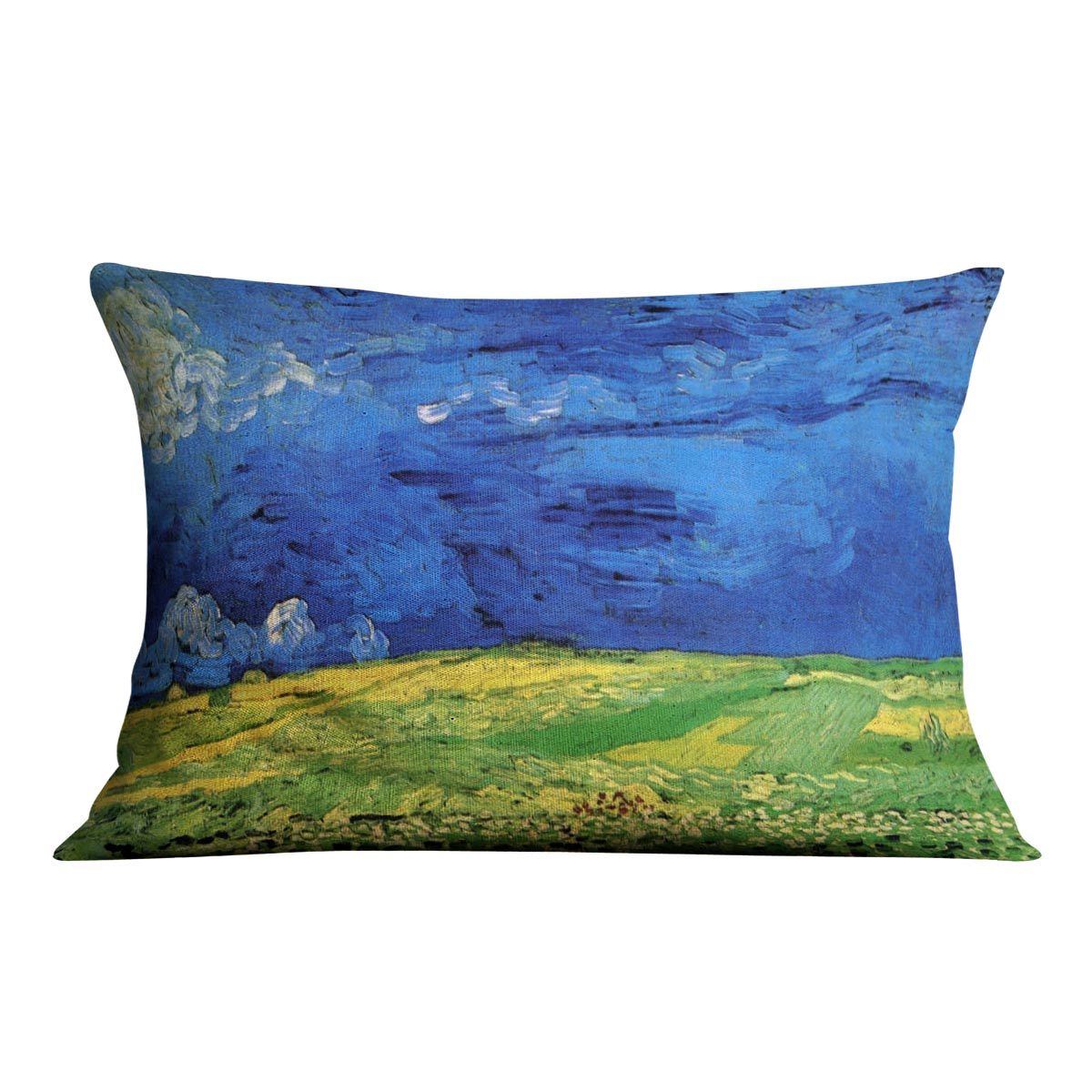 Wheat Field Under Clouded Sky cushion featuring vibrant colors and luxurious vegan faux suede fabric, showcasing Van Gogh's iconic artwork.