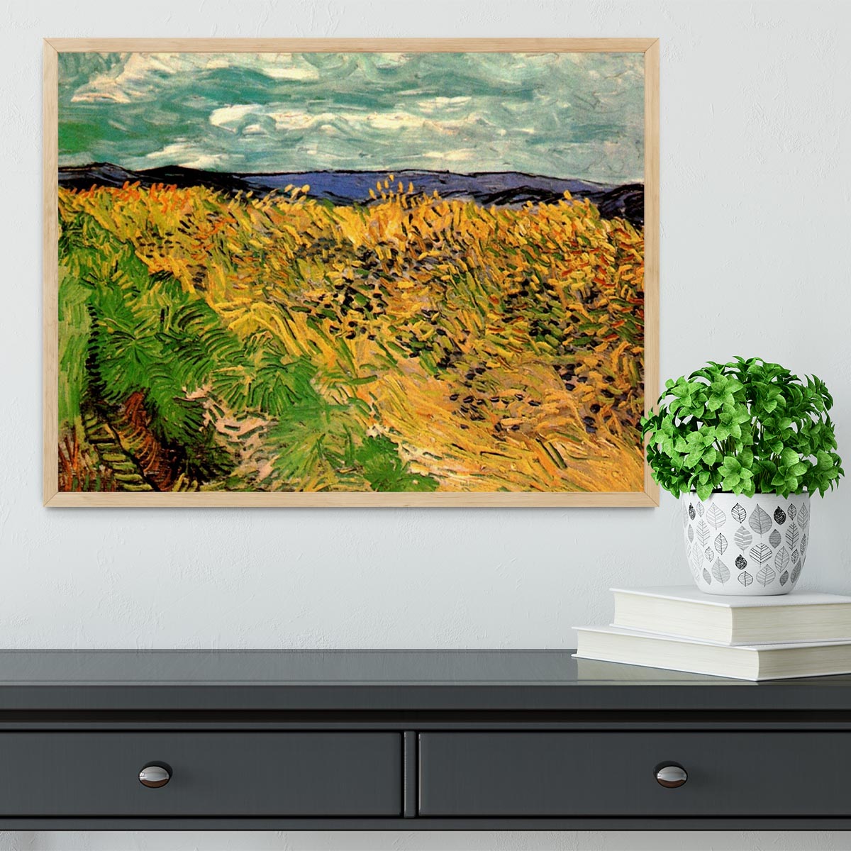Framed print of Van Gogh's Wheat Field with Cornflowers, showcasing vibrant colors and intricate details.