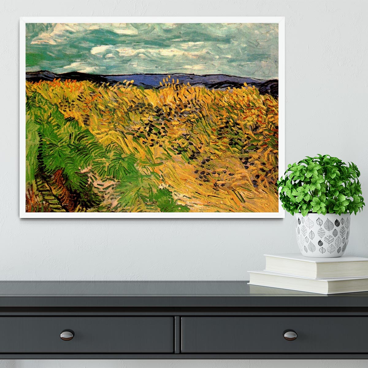 Framed print of Van Gogh's Wheat Field with Cornflowers, showcasing vibrant colors and intricate details.