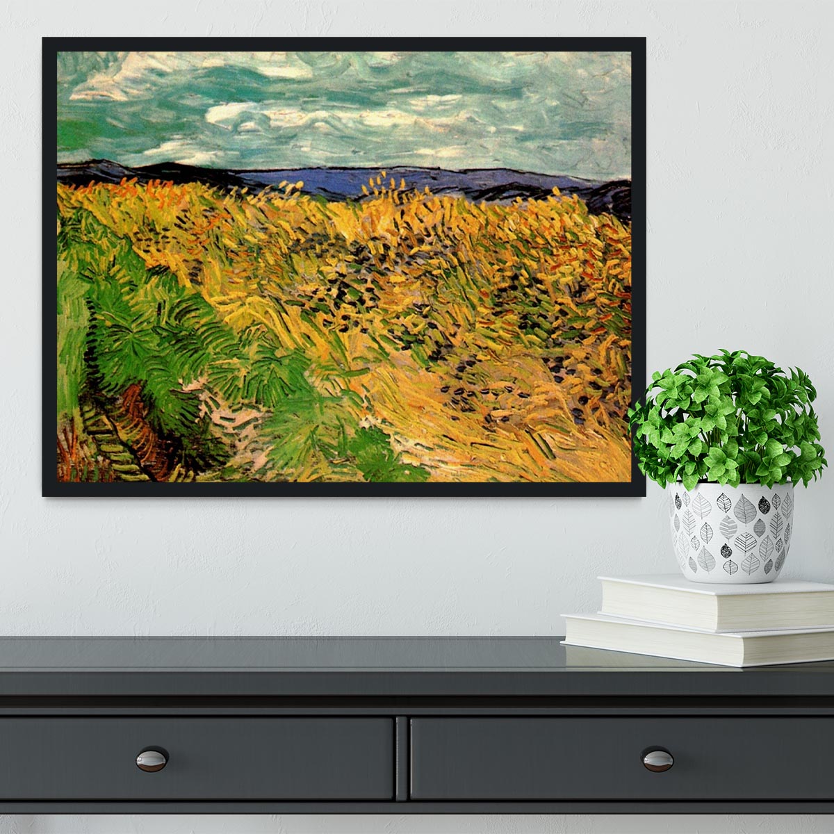 Framed print of Van Gogh's Wheat Field with Cornflowers, showcasing vibrant colors and intricate details.