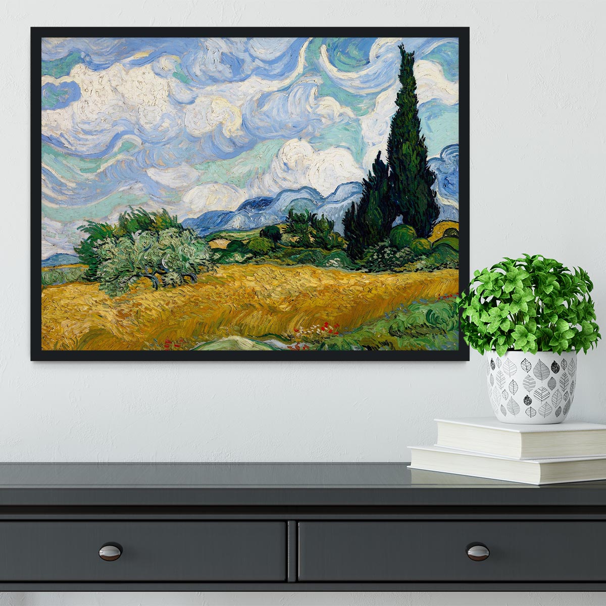 Framed print of Wheat Field with Cypresses by Van Gogh, showcasing vibrant colors and intricate details in a handmade frame.