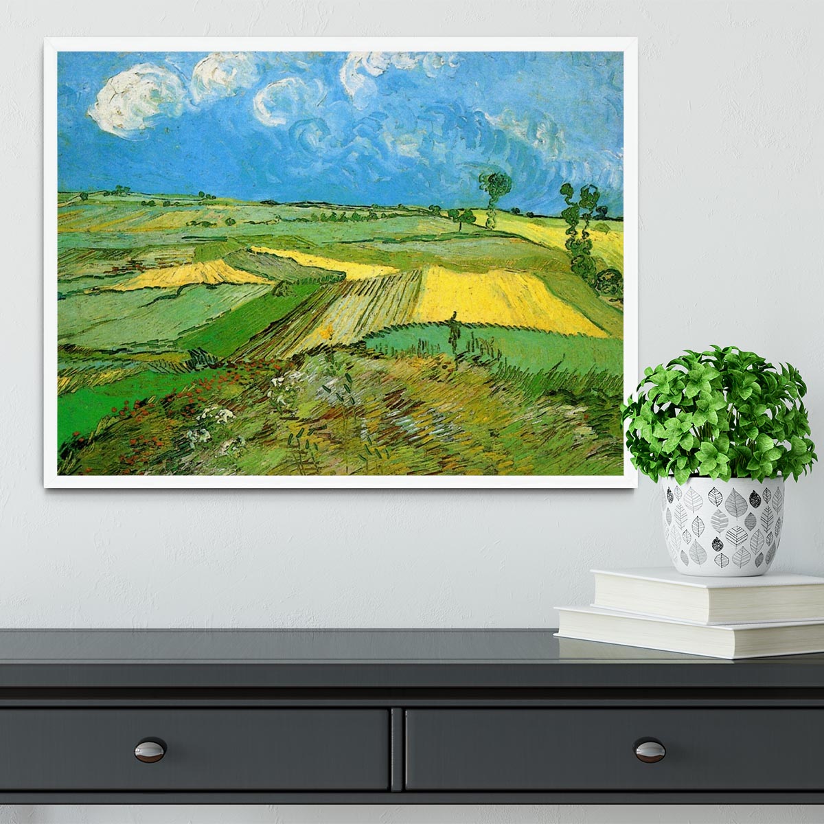 Framed print of Wheat Fields at Auvers Under Clouded Sky by Van Gogh, showcasing vibrant colors and dynamic brush strokes.