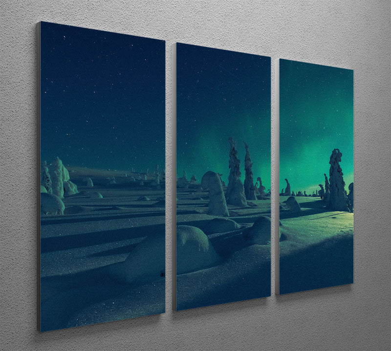 A stunning 3-panel canvas print depicting moonlight meeting polar lights, showcasing vibrant colors and intricate details.
