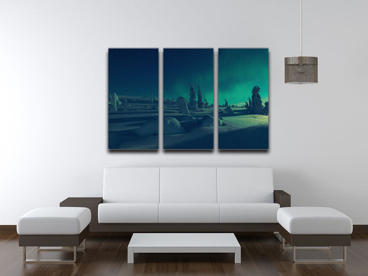 A stunning 3-panel canvas print depicting moonlight meeting polar lights, showcasing vibrant colors and intricate details.