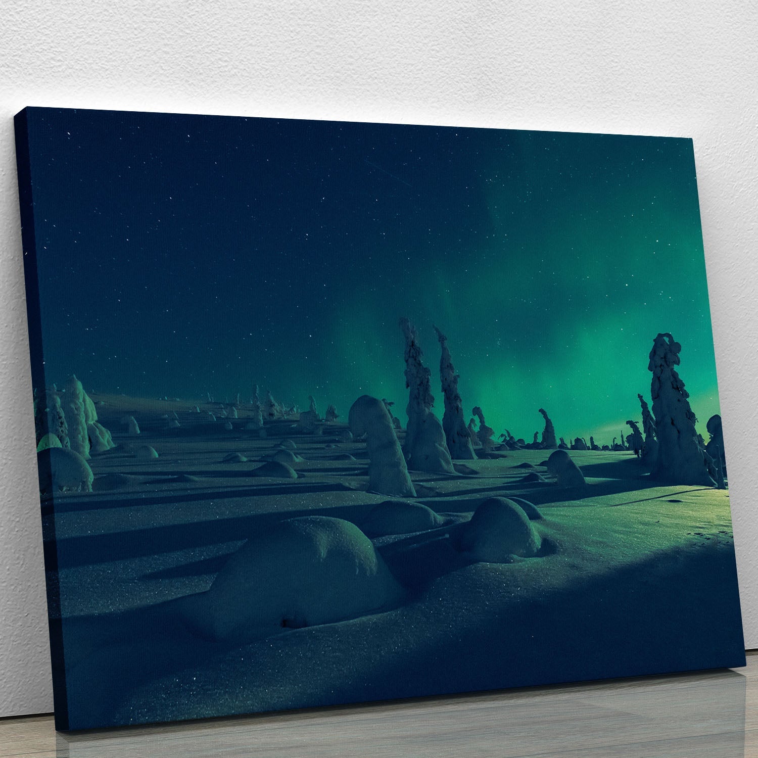 Canvas print featuring a stunning scene of moonlight meeting polar lights, showcasing vibrant colors and intricate details.