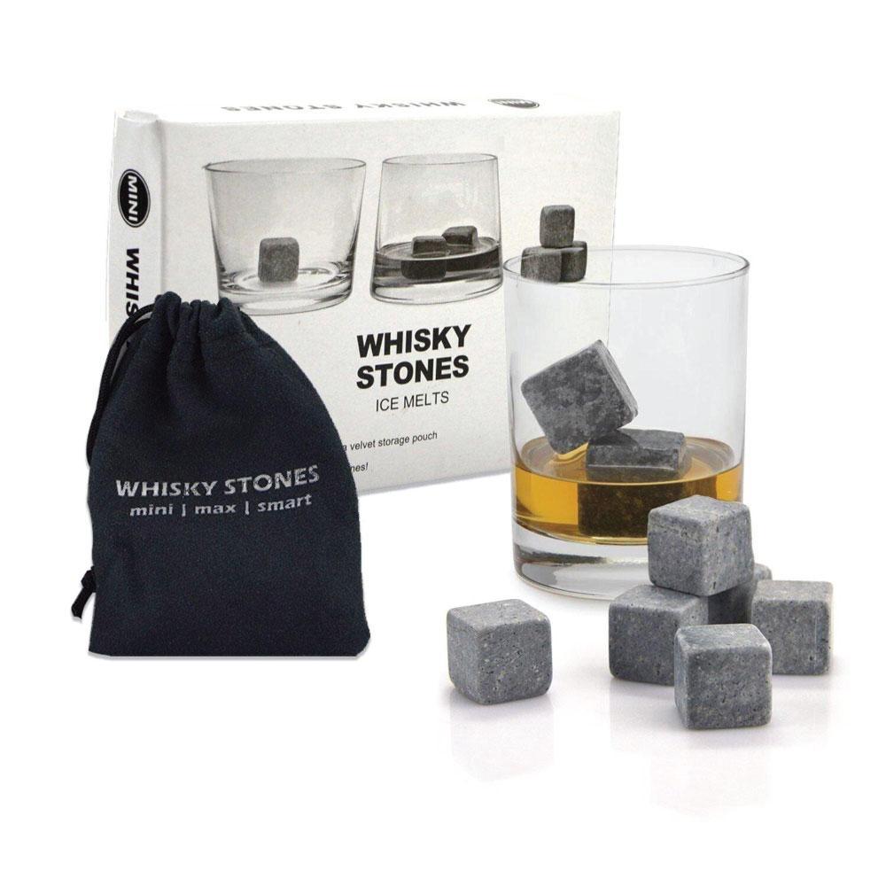 A set of 9 reusable natural marble whiskey stones in a velvet pouch, designed for chilling drinks without dilution.
