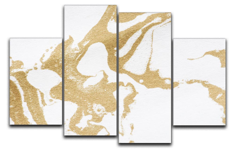 A luxurious white and gold marble 4 split panel canvas artwork, showcasing elegant marble patterns across four separate panels.