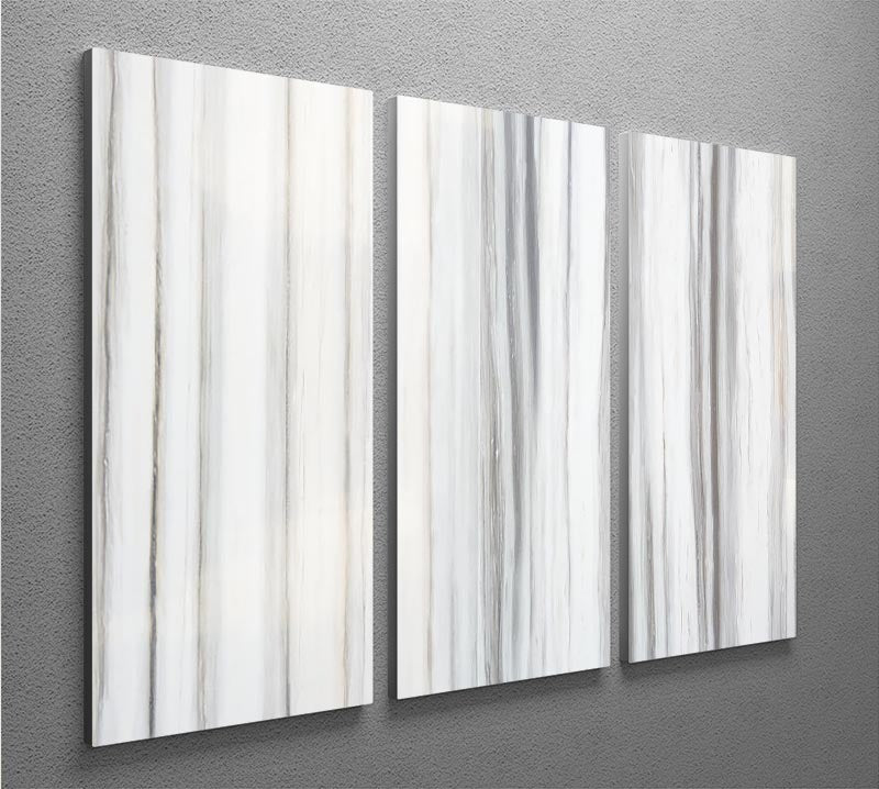 Three-panel canvas print featuring elegant white and grey striped marble design, perfect for modern decor.