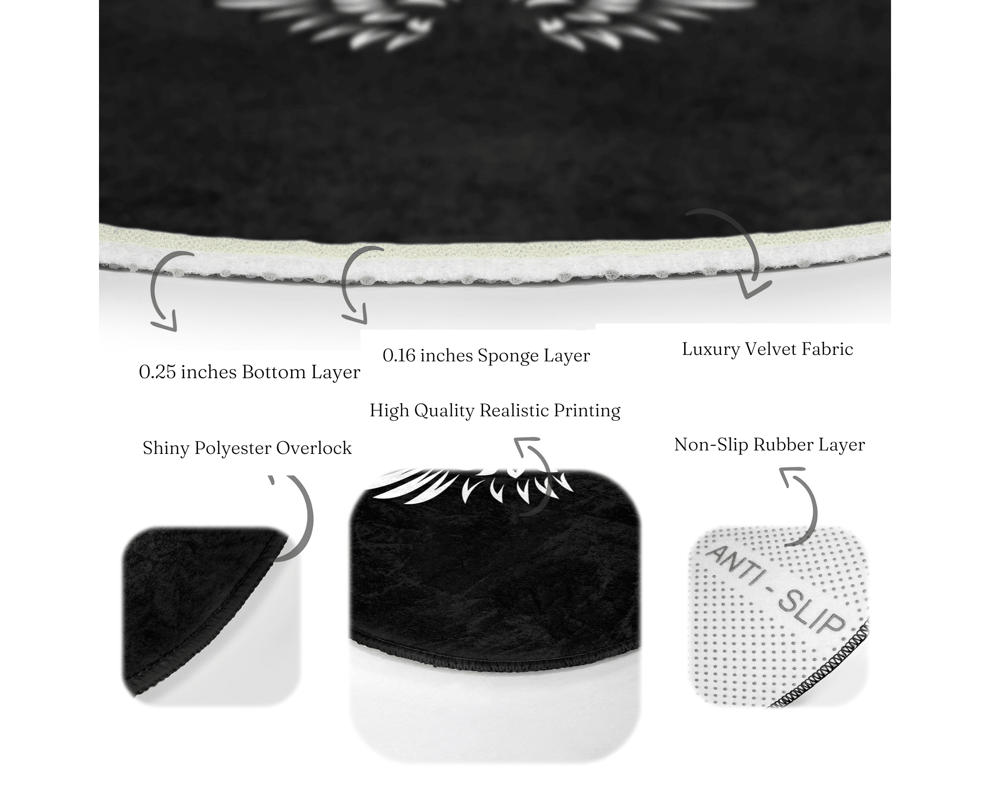 A round rug featuring white angel wings design on a black background, showcasing its soft velvet texture and elegant appearance.