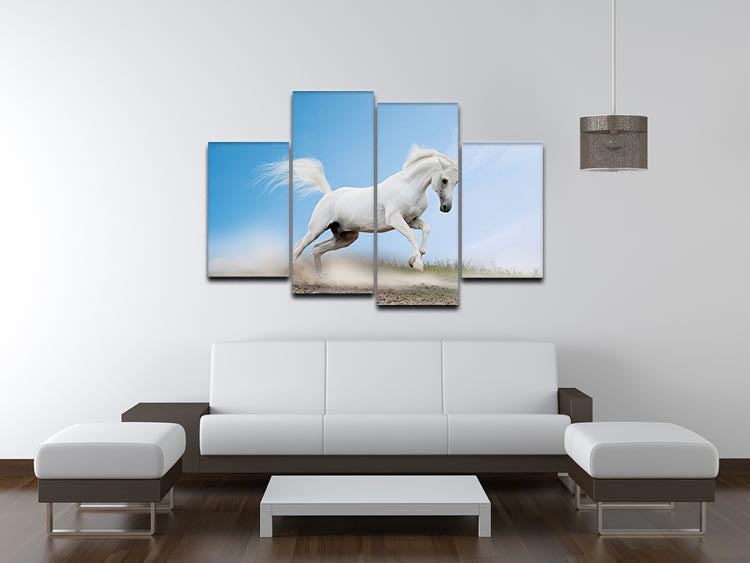 A beautiful 4-split canvas artwork featuring a white Arabian horse, showcasing elegance and grace across four panels.