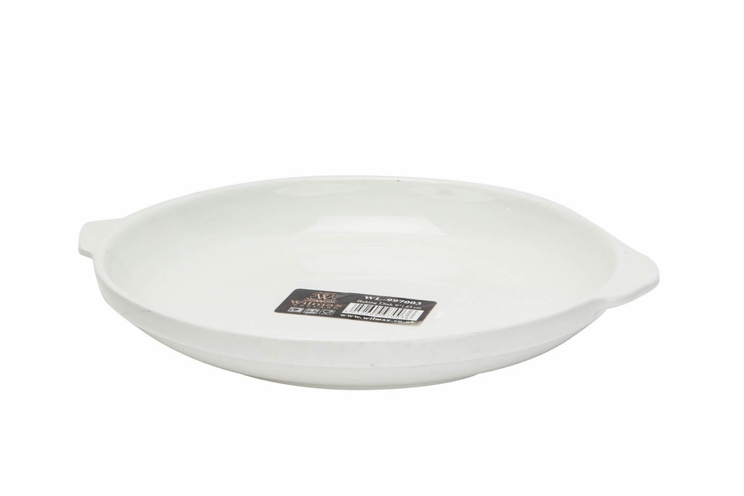 A 9-inch oval white baking dish made of fine porcelain, showcasing its elegant design and sturdy construction.