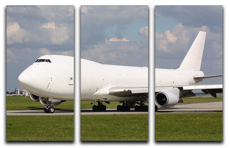 A stunning 3-panel canvas print featuring a white cargo plane taxiing, perfect for modern decor.
